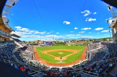 A wide shot of Isotopes Park from home plate.